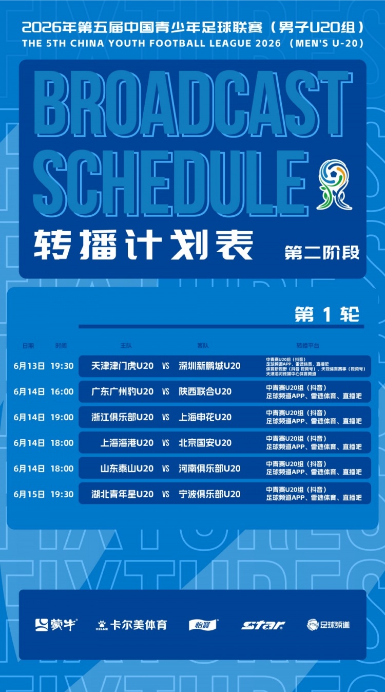 深圳新鹏城U20第二阶段首轮转播时间确定 6月13日19:30揭幕