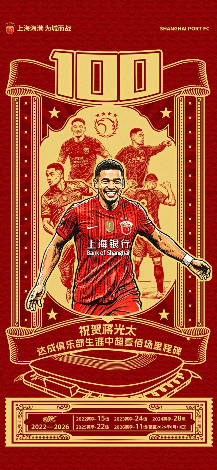蒋光太达成海港中超百场里程碑 今夜首发坐镇后防 蒋光太达成海港中超百场里程碑 今夜首发坐镇后防